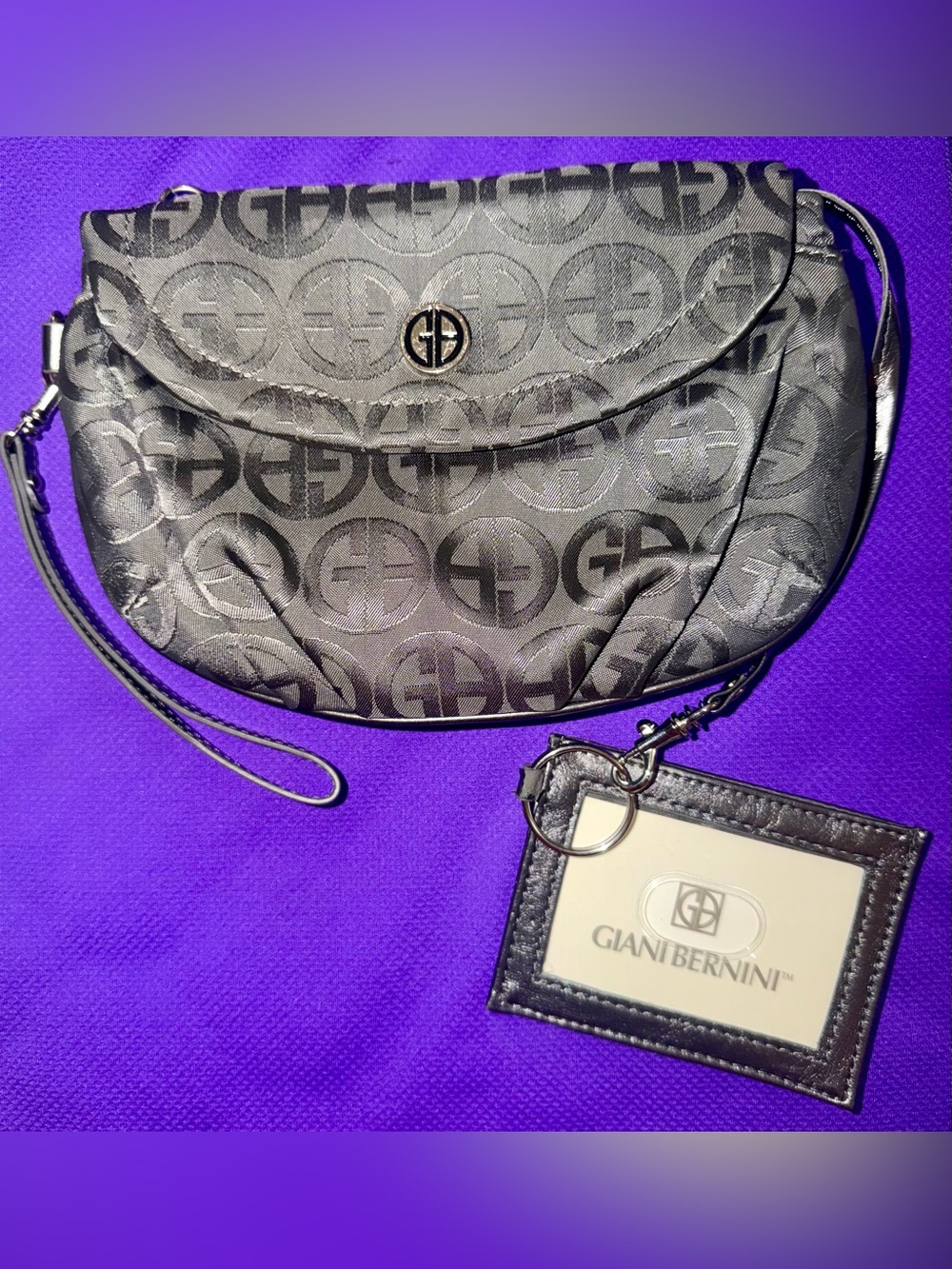 Giani Bernini Black Logo Jacquard Wristlet with Matching ID Tag